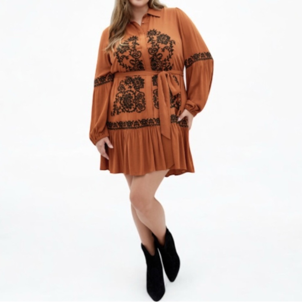 City Chic Caramel Black Embroidered Dress Boho Mini Long Sleeve Plus Size 16 NWT